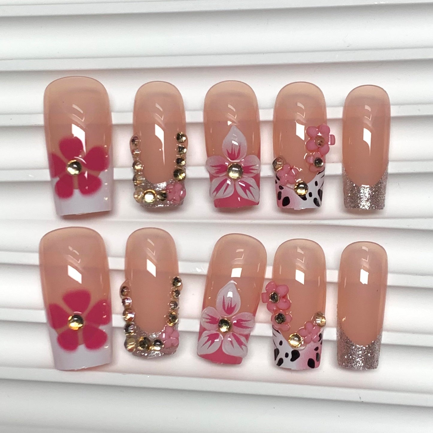 BABALAL Pink 3D Flower Press On Nails, Medium Long Square Fake Nails with Rhinestone & Cow Print, Glossy Acrylic Full Cover Stick On Nails for Women 24Pcs