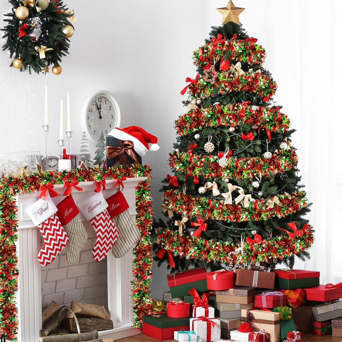 50 Feet Metallic Twist Tinsel Garland - Shiny Hanging Ornaments for Christmas Tree Indoor/Outdoor Decor (Red, Green, Gold)