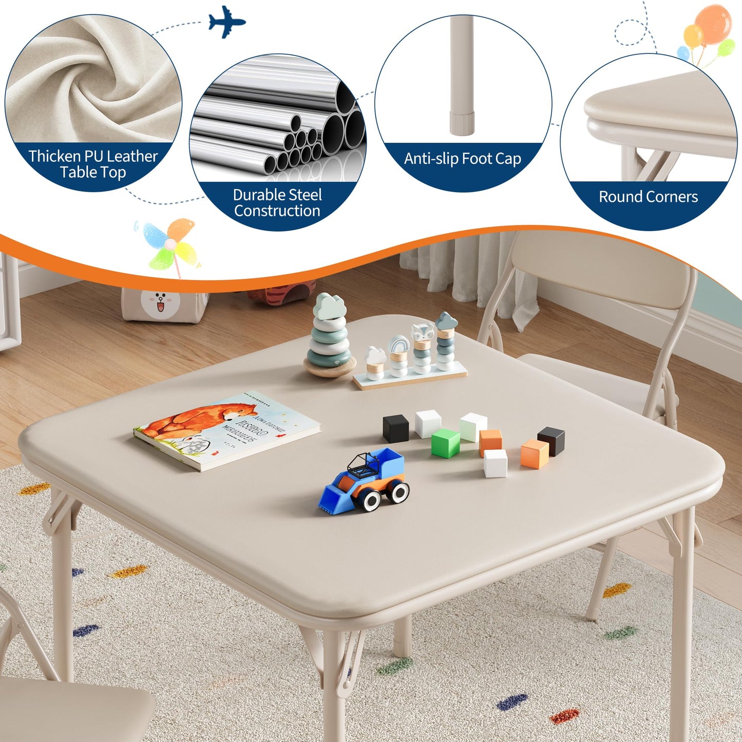 IDEALHOUSE 5 Piece Boys Girls Folding Table and Chairs Set, Activity Table and Chairs Set for Dining Room,Daycare,Classrooms