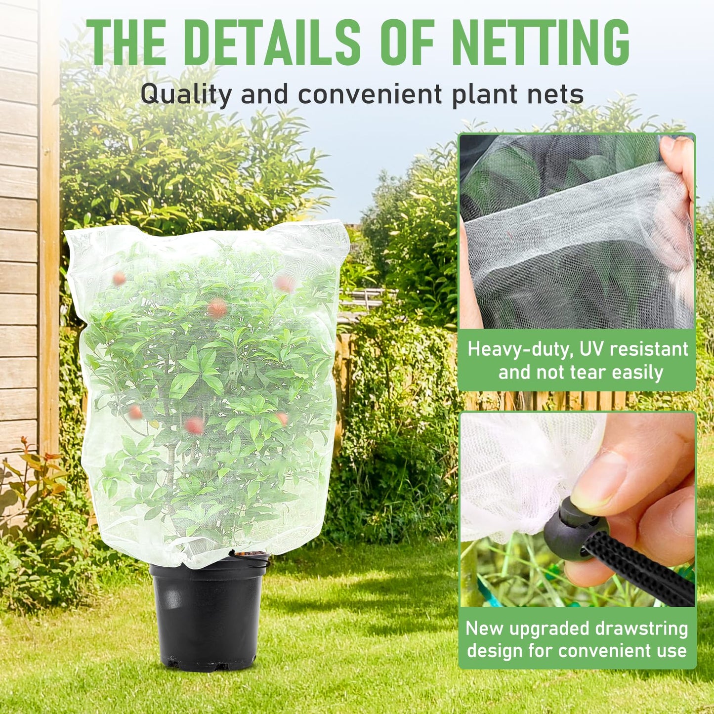 YUYIUS Fruit Tree Netting, Plant Mesh Netting for Garden Protection, Blueberry Bush Insect Netting Cover as Garden Pest Barrier from Cicadas, Bug, Bird (2.6x3.3 FT, 4Pcs, with Drawstring Design)