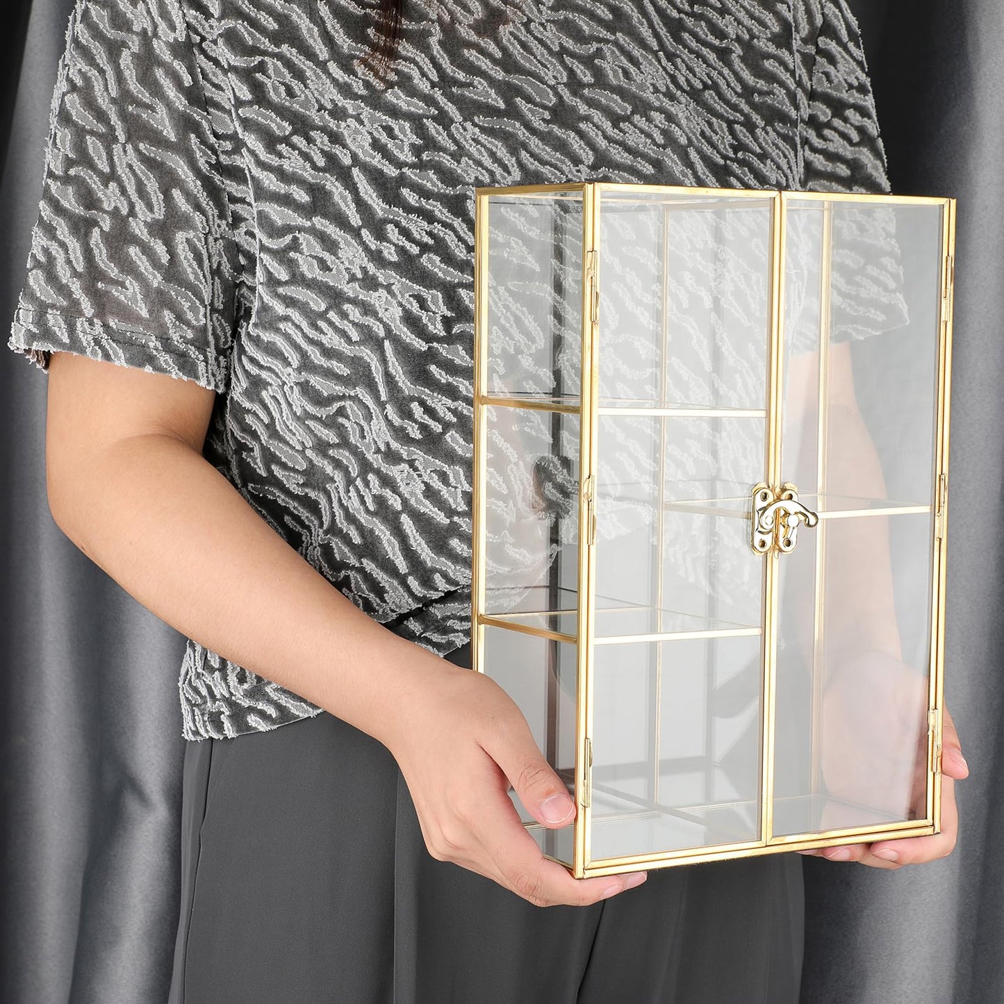 ELLDOO 5 Slots Clear Glass Storage Box, Gold Jewelry Makeup Display Organizer Case, Decorative Tower Box Storage for Trinket Perfume Lipstick Figure Statue Toy Display