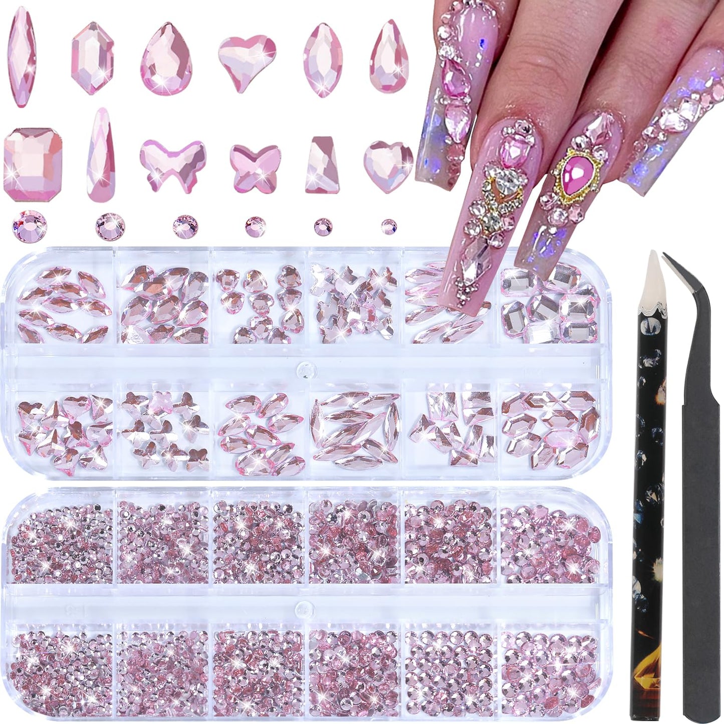 HNUIX Nail Rhinestones - 3D Multi Shape Size Crystal, Light Pink Nail Gems, Flat Back, with Kit, for Nail Art, DIY Decorations