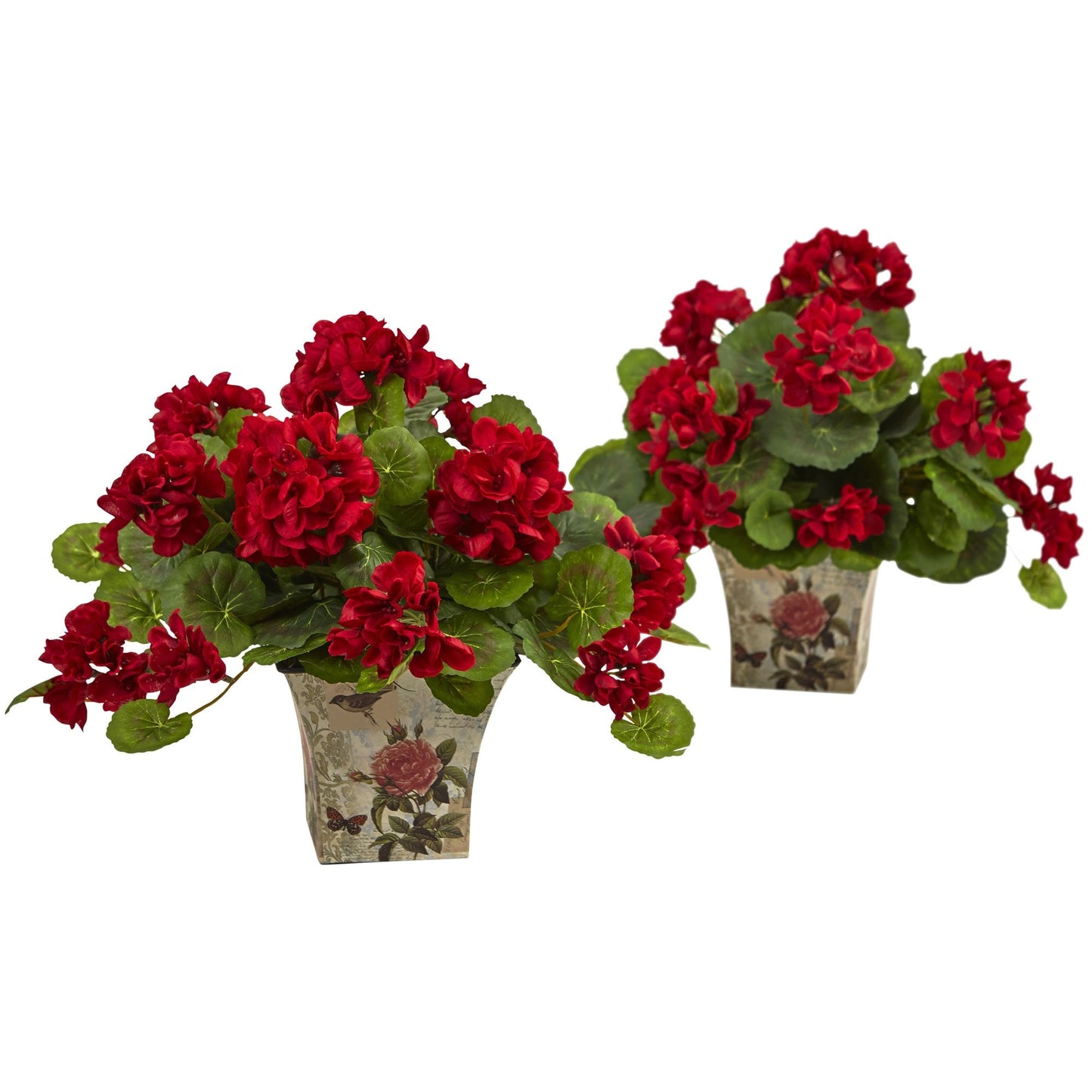 Nearly Natural 11in. Geranium Flowering Silk Plant with Floral Planter (Set of 2)