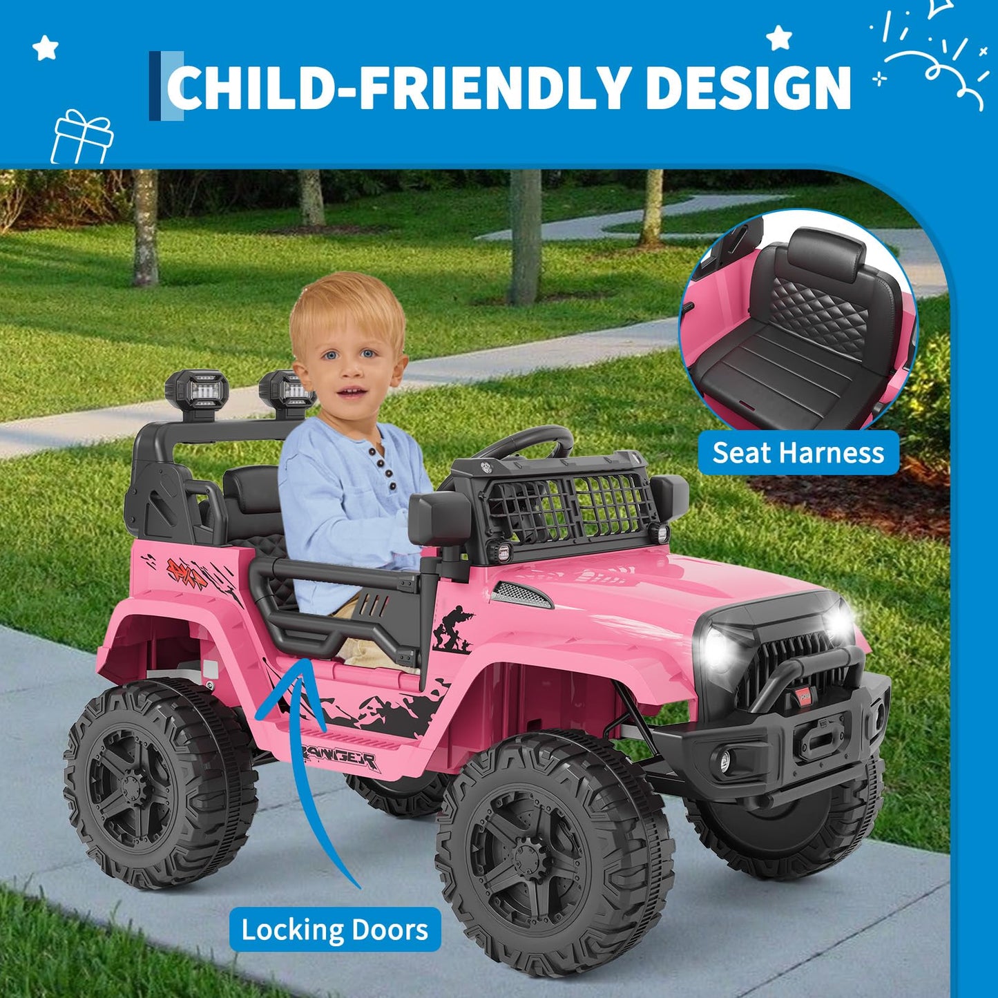 Hetoy Ride on Toys for Kids, Kids' Electric Vehicles, Electric Car for Kids, 12V Ride on Car with Remote Control, Spring Suspension, LED Lights, Bluetooth, 3 Speeds, Toddler Truck Vehicles(Pink)