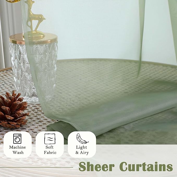 Lecloud Sage Green Sheer Curtains 108 Inches Long 2 Panels, Extra Wide Airy Voile Sheer Curtains, Elegant Rustic Light Filtering Window Curtain Drapes for Living Room Balcony, 59" W x 108" L