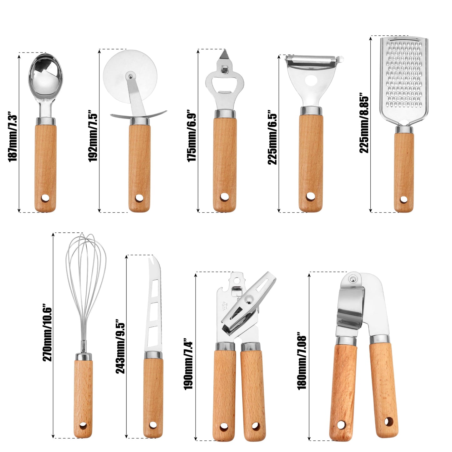 Stainless Steel Kitchen Gadget Set – 9 PCS Western Cooking Utensil & Tool with Wooden Handle: Pizza Cutter, Garlic Press, Can and Bottle Opener, Ice Cream Scoop, Peeler, Cheese Grater and Knife, Whisk