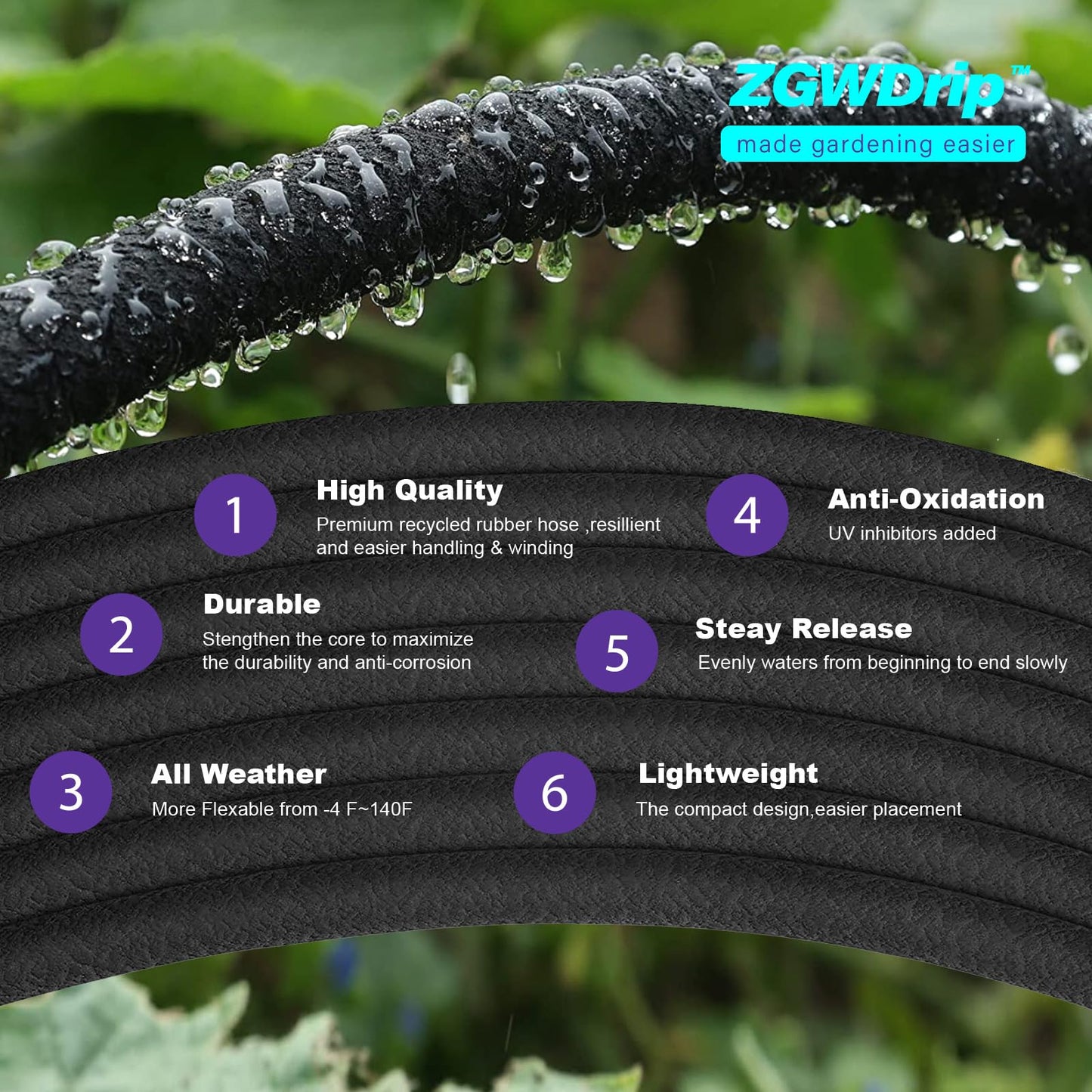 ZGWDrip 50FT 1/2" Water-Saving Soaker Hose with Solid Brass Connectors, Drip Irrigation Kit for Lawn & Yard
