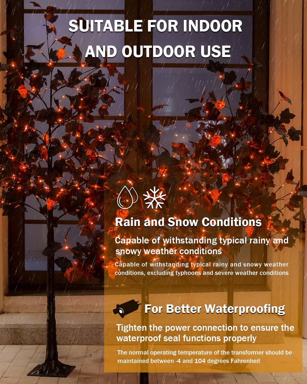 TYBEEU Halloween Decor Set – 4ft, 5ft & 6ft Black Maple Trees with 384 LED Lights, 24 Skull Lights & Spiders, Dimmable Timer, 16ft Cord, Indoor & Outdoor Decoration
