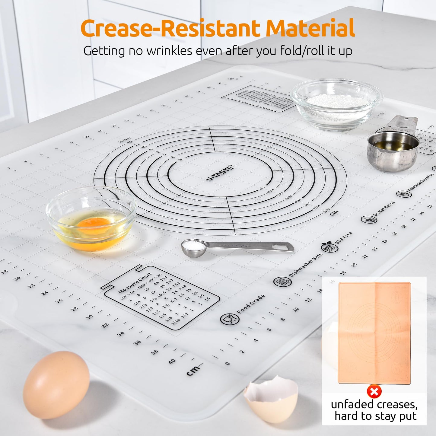 U-Taste 28"x20" Large Pastry Mat: Food-Grade Liquid Silicone Dough Rolling Baking Sheet, Non-Stick Non-Slip for Kneading, Making Pizza, Fondant with Clear Measurement and Raised Edges (Transparent)