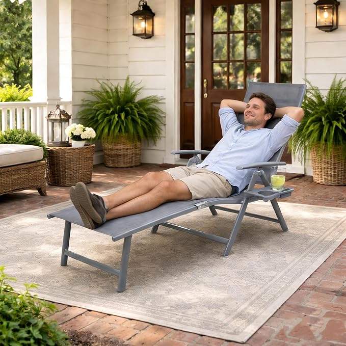Kozyard Aluminum Outdoor Chaise Lounge Chair, Adjustable Reclining Patio Lounge with Drink Holder, Weather-Resistant Pool, Deck & Yard Recliner,Assemble-Free, Gray (Gray)
