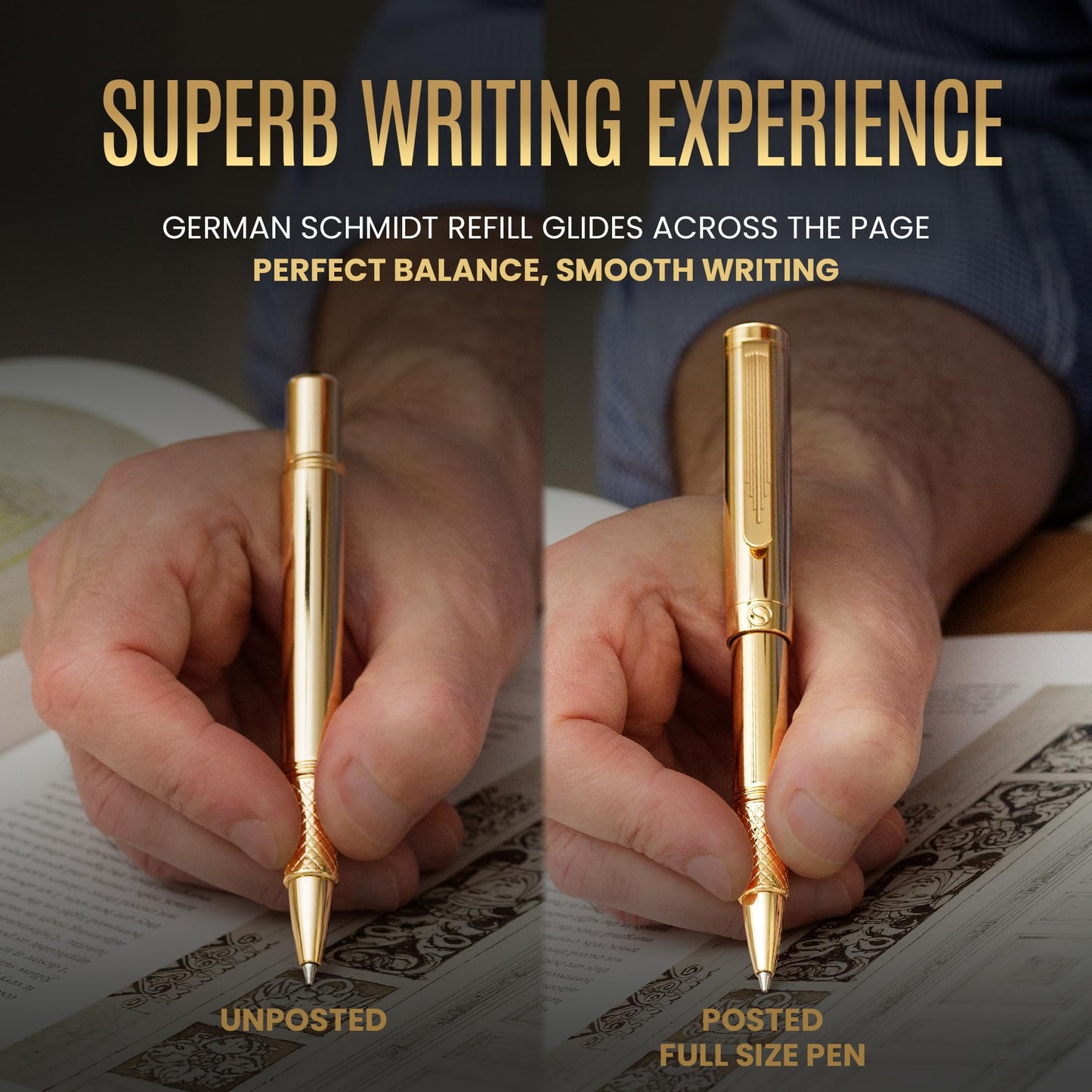Scriveiner Heavy Gold Rollerball Pen, Award Winning Luxury Pocket Pen with gold plating Finish, German Schmidt Refill, Best EDC Writing Gift Set for Men & Women, Nice Fancy
