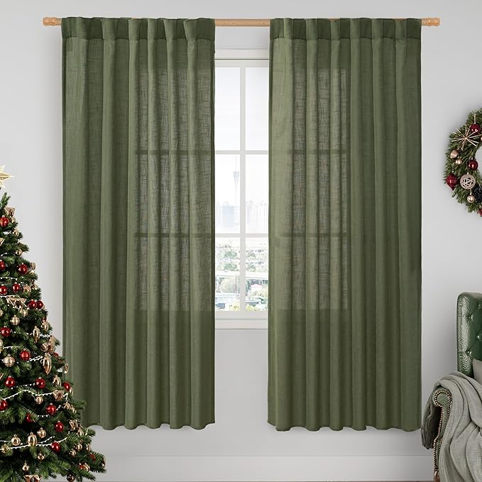 LAMIT Light Filtering Linen Curtains 78 inch for Bedroom, Linen Textured Semi Sheer Back Tab and Rod Pocket Boho Modern Christmas Decor Drapes for Living Room, Olive Green, 2 Panels, 52 x 78 Inch