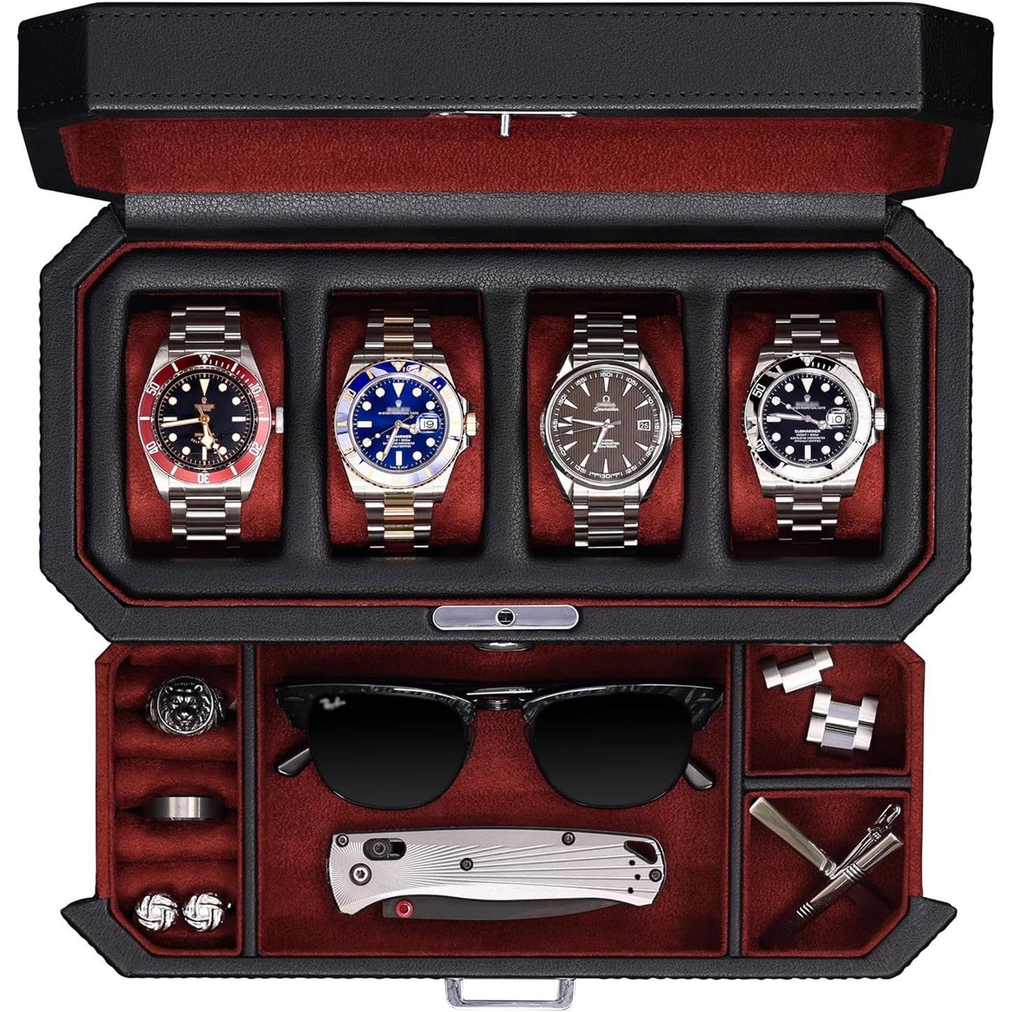 ROTHWELL 4 Slot Leather Watch Box with Valet Drawer - Luxury Case Display Jewelry Organizer, Locking Display Case Holder with Real Glass Top - Watch Box Organizer for Men & Women (Red)