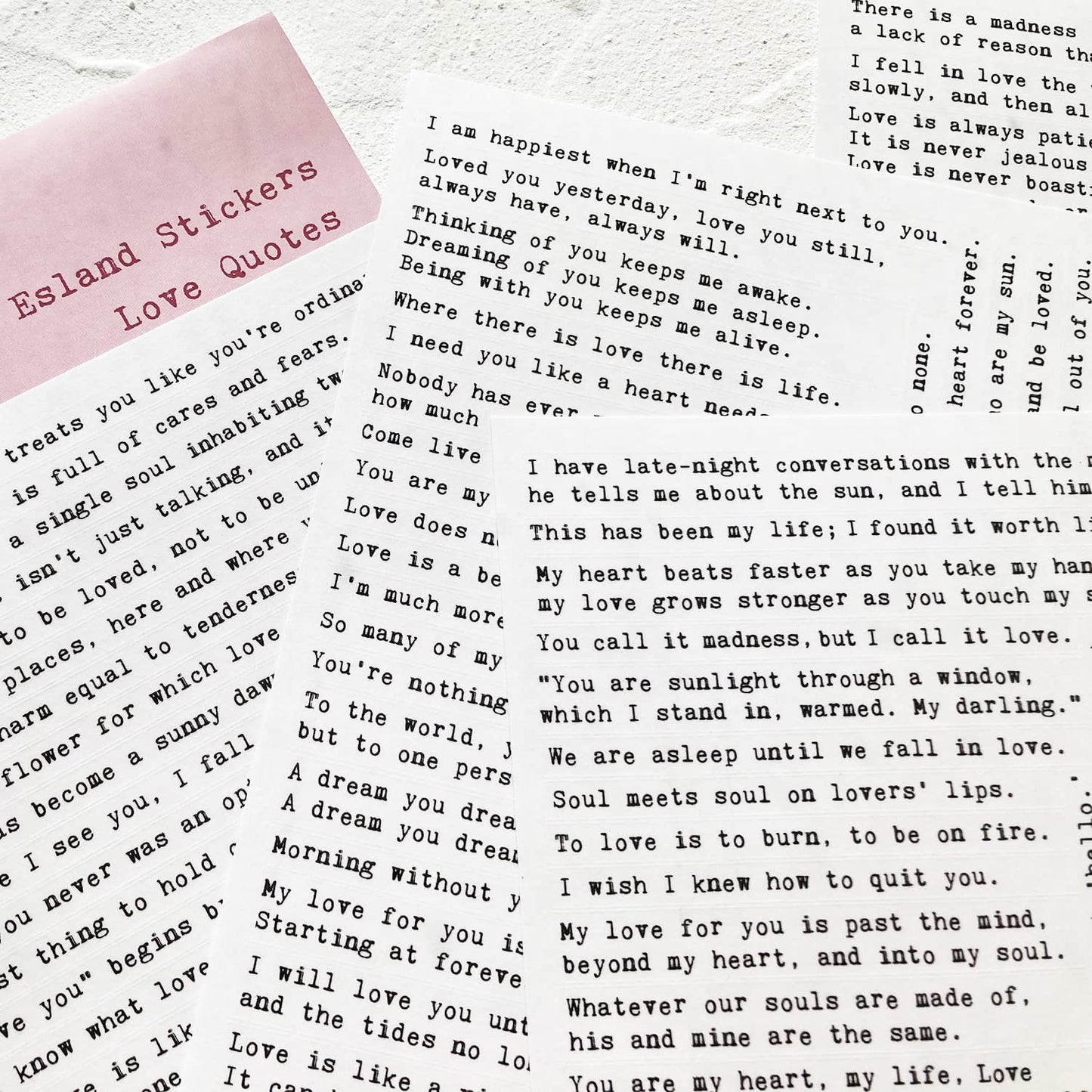 Esland 100+ Love Quotes Inspirational Motivational Scripts Planner Stickers Typewriter Style Sayings Letters Aesthetic Journal Diary Scrapbook Art Crafts Accessories 4 Sheets