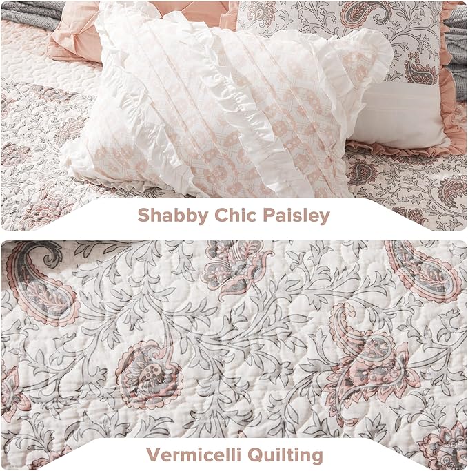 Madison Park 100% Cotton Quilt Set Floral Print, Double Sided Stitching, All Season, Lightweight Coverlet Shabby Chic Bedding Layer, Matching Shams, King/Cal King, Blush 6 Piece