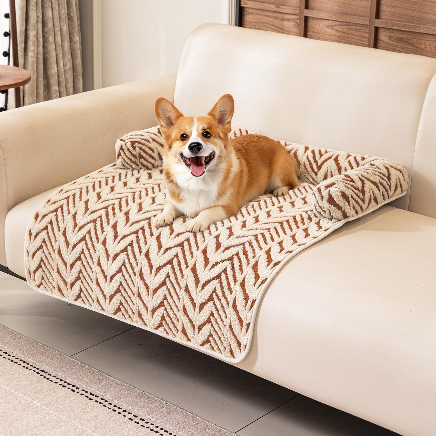 Calming Dog Bed Mats with Neck & Head Support, Soft Flannel Pet Couch Bed for Small and Medium Dogs & Cats, Pet Washable Couch Covers for Sofa