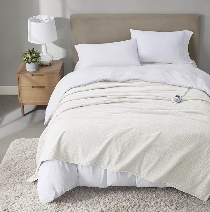 Serta Travis Fleece Ultra Soft Tri-Rib Textured Electric Blanket, Cozy and Snuggly Cover Fast Heating for Cold Weather, Auto Shut Off, Multi Heat Setting Controller, Twin, Cream