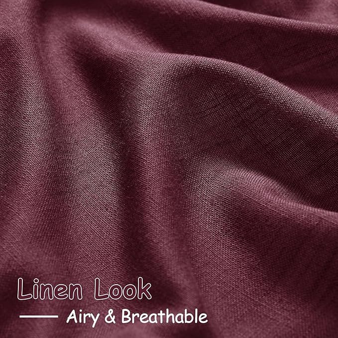 Nanspring Burgundy Linen Curtains 80 Inch Length for Living Room Light Filtering Semi Sheer Curtain Back Tab Vintage Boho Decor Elegant Luxury Drapes for Bedroom Dinner Room 52x80, 2 Panels