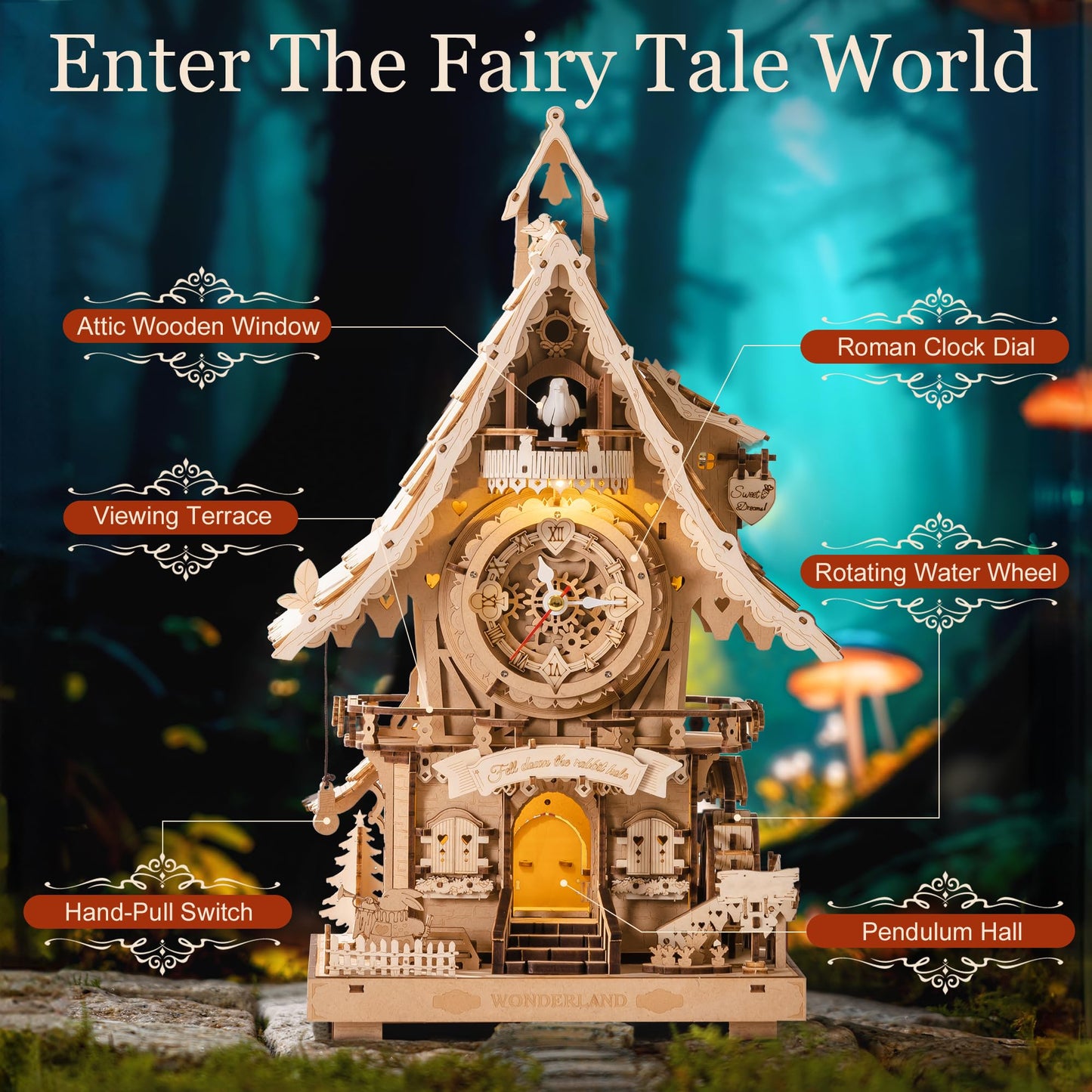 ROBOTIME 3D Wooden Puzzles for Adults-Cuckoo Clock Wooden Models for Adults to Build-435 Piece Model Kit with 2 Lights-Gift for Craft Enthusiast Model Building Set (Natural)