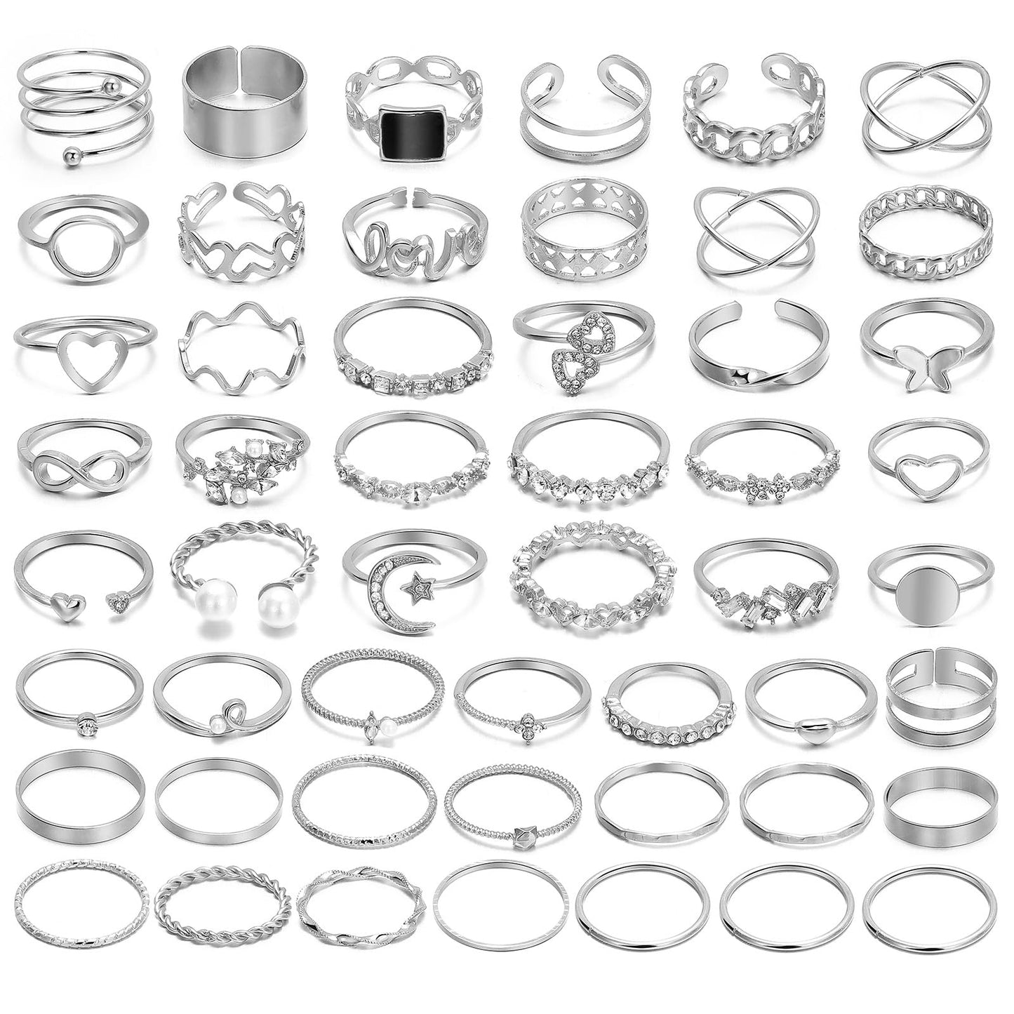 IFKM Gold Knuckle Rings Set For Women Vintage Stackable Joint Finger Midi Rings Dainty Cubic Zirconia Crystal Simple Twist Hollow Cute Rings Pack Jewelry Gift (Moonlight Express, Silver)