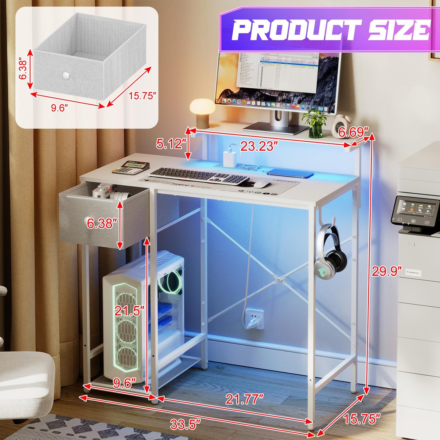 X-cosrack 33.5" Small Gaming Desk with LED Lights & Power Outlets, Compact Computer Desk with Monitor Stand & CPU Stand, Gamer Table with Storage Drawer, Side Hooks for Home Office, Bedroom, White