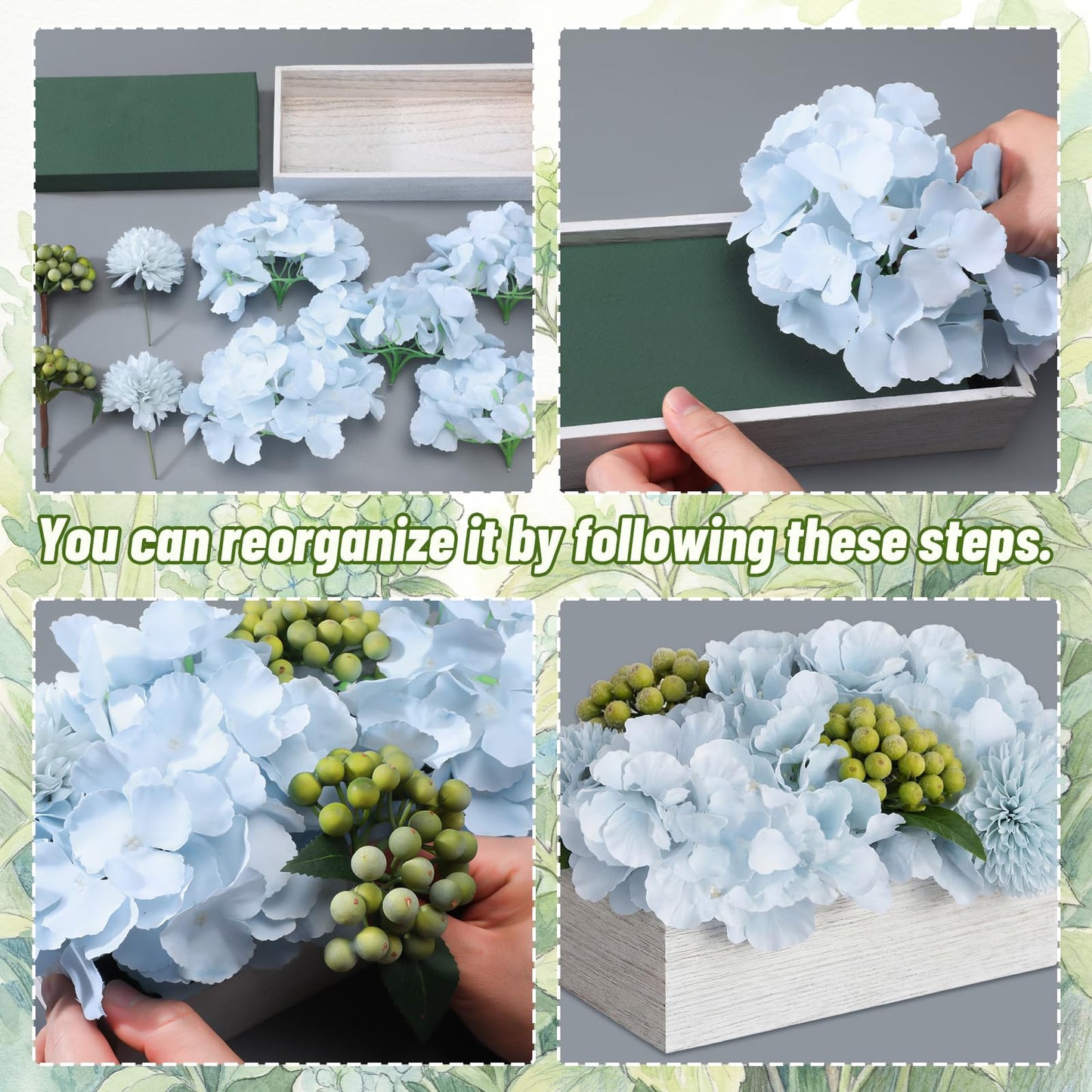 AceOrbit Blue Hydrangea Artificial Flowers with Wooden Box Table Centerpiece Decorations Fake Flowers Arrangement with Green Berries for Dining Room Home Table Bathroom Shelf Spring Easter Decoration