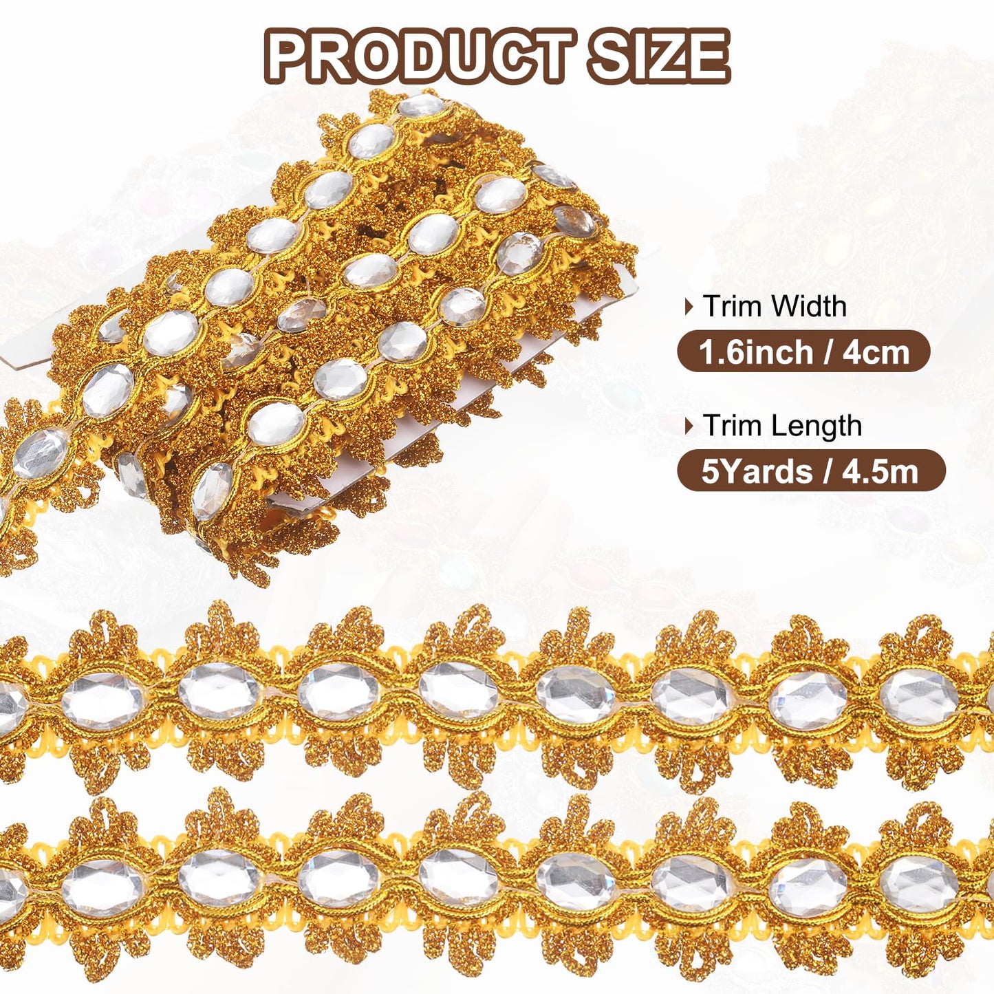 MECCANIXITY 5 Yards Braid Trim, 1.6 Inch Gemstone Beaded Lace Trim Wave Gem Braid Strip Paillette Ribbon for Crafts, Embellishments, DIY Sewing Costume, Gold+Silver