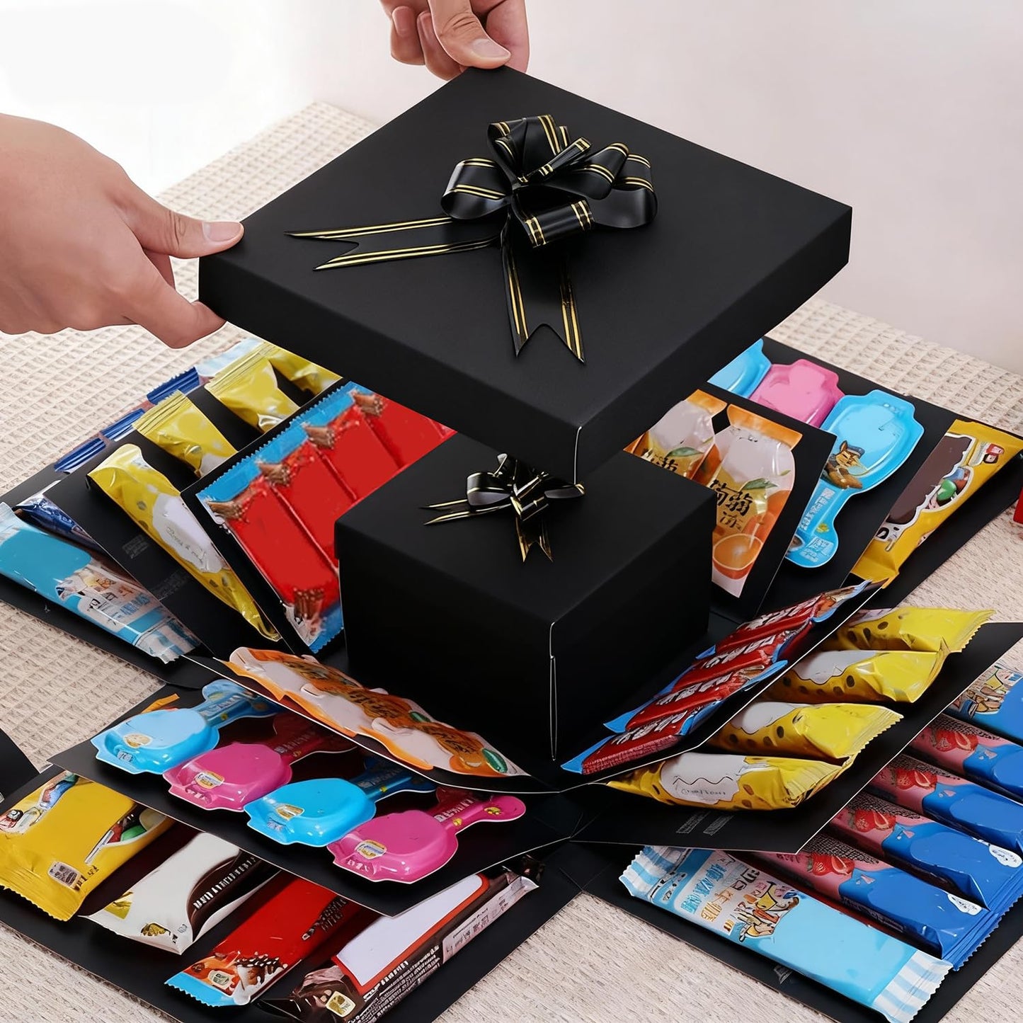 5-Layer creative explosion gift box, gift wrap box. Creating a 5-Layer of various gifts by yourself. An ideal, mysterious self-made gift for birthday, Christmas and anniversaries. (Black, Square)