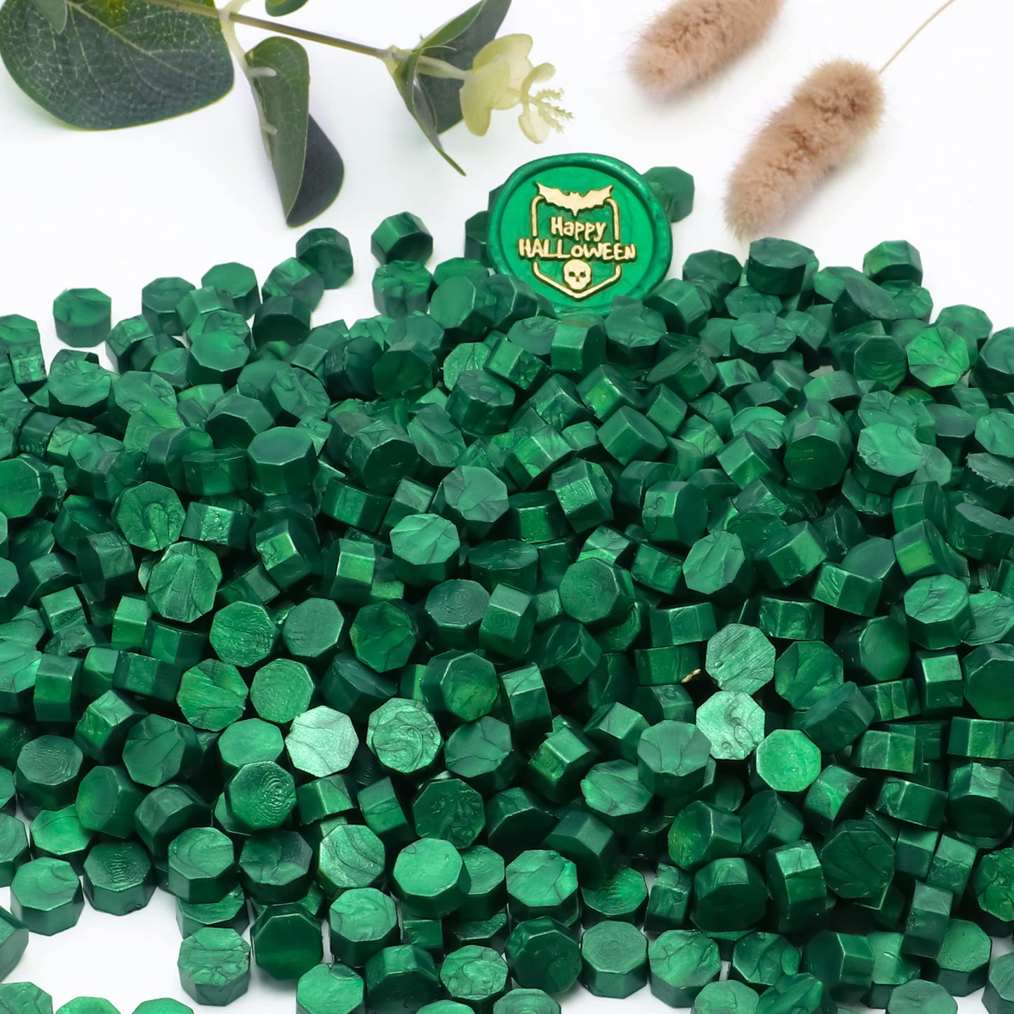 SWANGSA 360 Pieces Metallic Green Sealing Wax Beads Kit with 2 Pieces Tea Candles and 1 Piece Wax Melting Spoon for Wax Seal Stamp (Metallic Green)