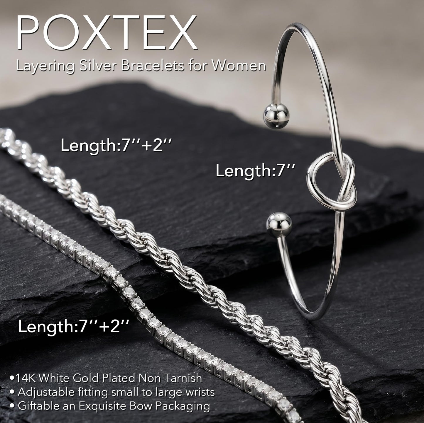 Poxtex Silver Cuff Bracelets Set for Women, 3 Pcs Stackable Rope Open Bangles, Cubic Zirconia Tennis, Stardust Thin Polished Band, Non Tarnish Stainless Steel Jewelry Gifts