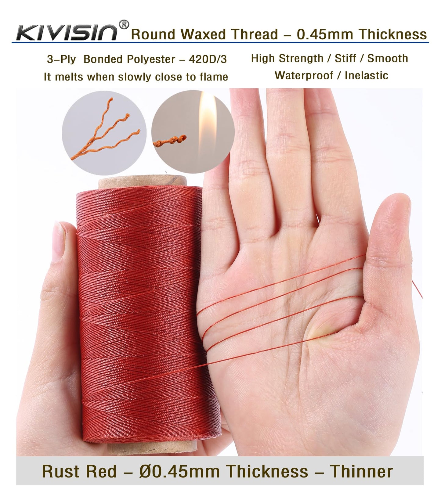 Thin Wax Polyester Thread, 0.45mm, 547 Yards, 3 Ply Round Waxed Cord Strings for Sewing, Beading, Binding, Micro Braiding, Fine Leather Craft and Micro Macrame Jewelry - Rust Red