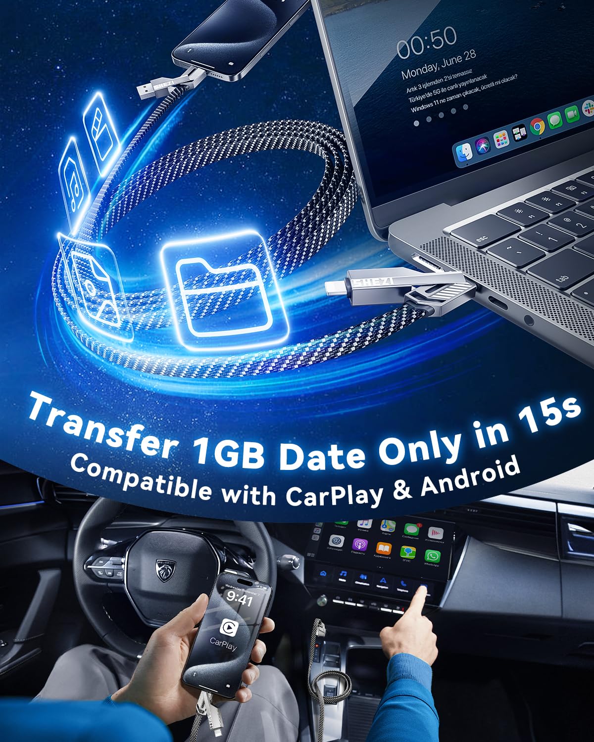 [One is Enough] 4-in-1 Compatible with USB C to Lightning Cable, 60W High-Speed Charging & Fast Data Transfer,CarPlay & Android Auto Support Multi Charger Cord Combo for iPhone/Samsung/iPad,3FT