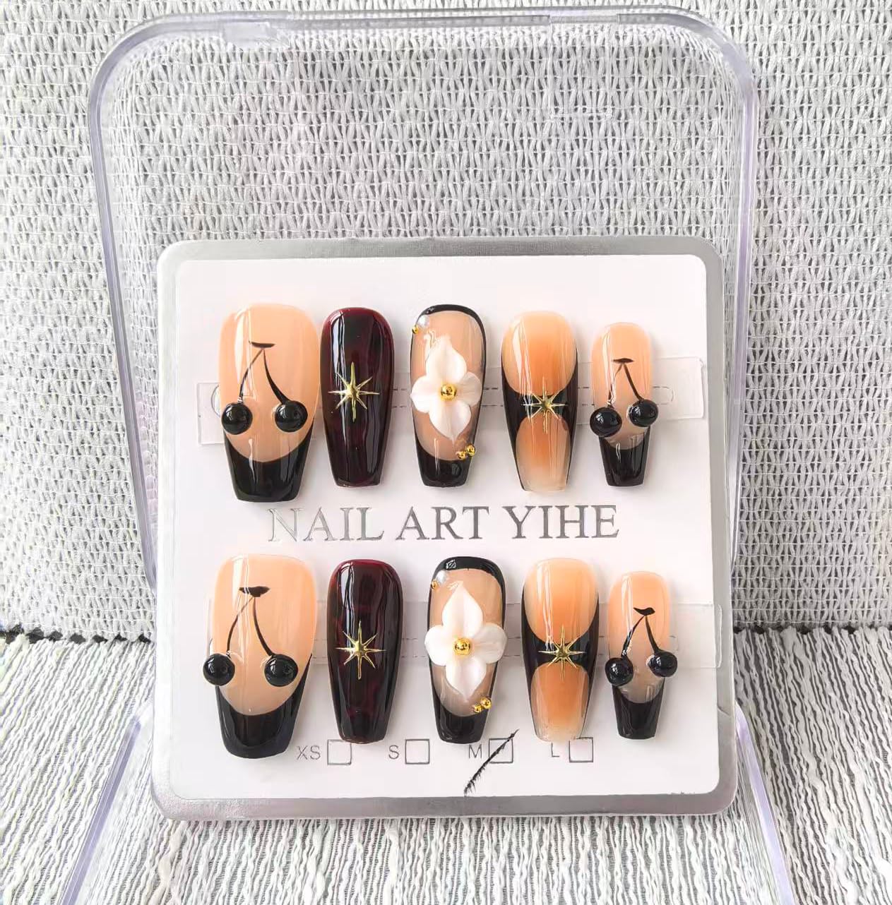 Handmade Press on Nails Coffin Medium Fake Nails Black French Tip with 3D Flower Cherry Designs luxury Charm Glossy Cute Acrylic Nails for Women 10pcs (Size M）