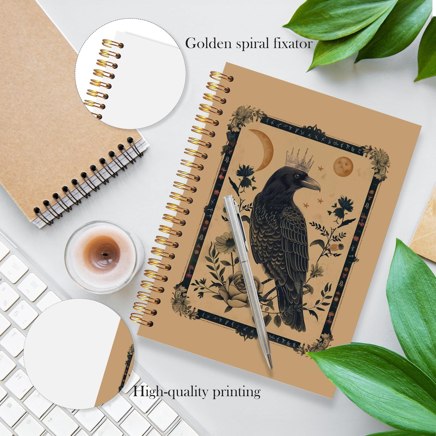LADOCK Boho Gothic Raven Notebook, Dark Academia Witchy Crow Journal, Mystical Celestial Vintage Floral Botanical Raven Spiral Notebook Journal, Crow Gifts for Women, 5.5x8.3