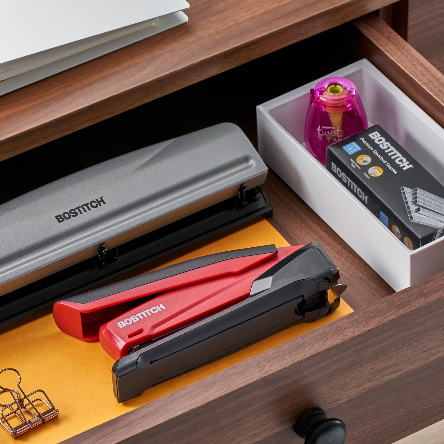 Bostitch Office Executive 3 in 1 Stapler, Includes 210 Staples and Integrated Staple Remover, One Finger Stapling, No Effort, 20 Sheet Capacity, Spring Powered Stapler, Red