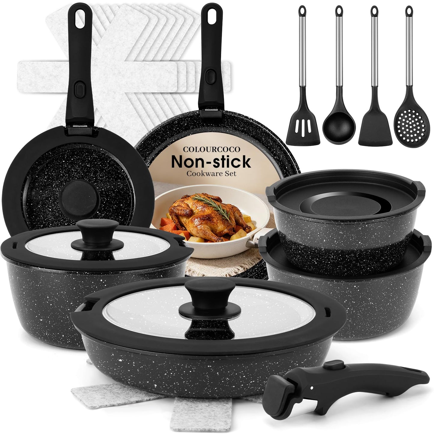 Colourcoco Pots and Pans Set - Non Stick 25 Pieces Cookware Set Pots and Pans with Detachable Handles, Includes Pans, Pots, Utensils, Trivets for Hot Dishes, Lids, Space-Saving Cookware