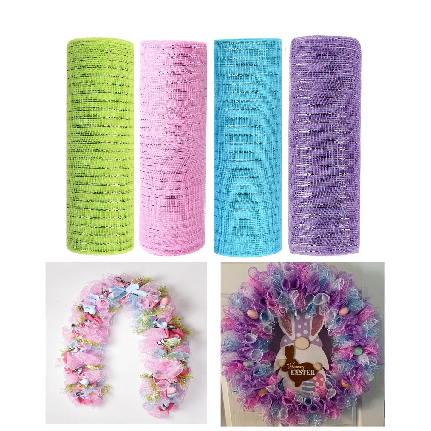 JStnana 4 Rolls Deco Mesh Ribbon for Spring Easter Wreath Making Supplies, 10Inch x 30Ft Metallic Burlap Mesh Pink Green Blue Purple Deco Mesh Rolls for Easter Spring DIY Crafts Wreaths Swags Decor