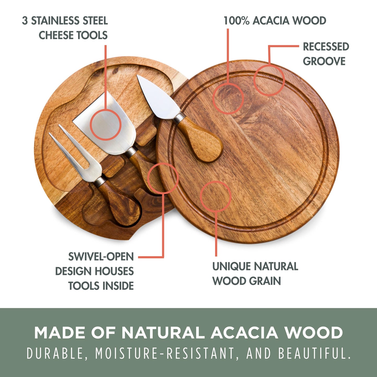 TOSCANA - a Picnic Time brand Acacia Brie Cheese Board and Knife Set - Charcuterie Board Set - Wood Cutting Board, (Acacia Wood) 7.5 Inches