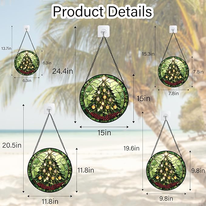 DASTOLL Stained Glass Window Hanging - Green Christmas Tree Golden Bells Suncatcher for Doors Home Christmas Decoration Sun Catcher Thanksgiving New Year Birthday Gift for Women Men Mom Nana 15 in