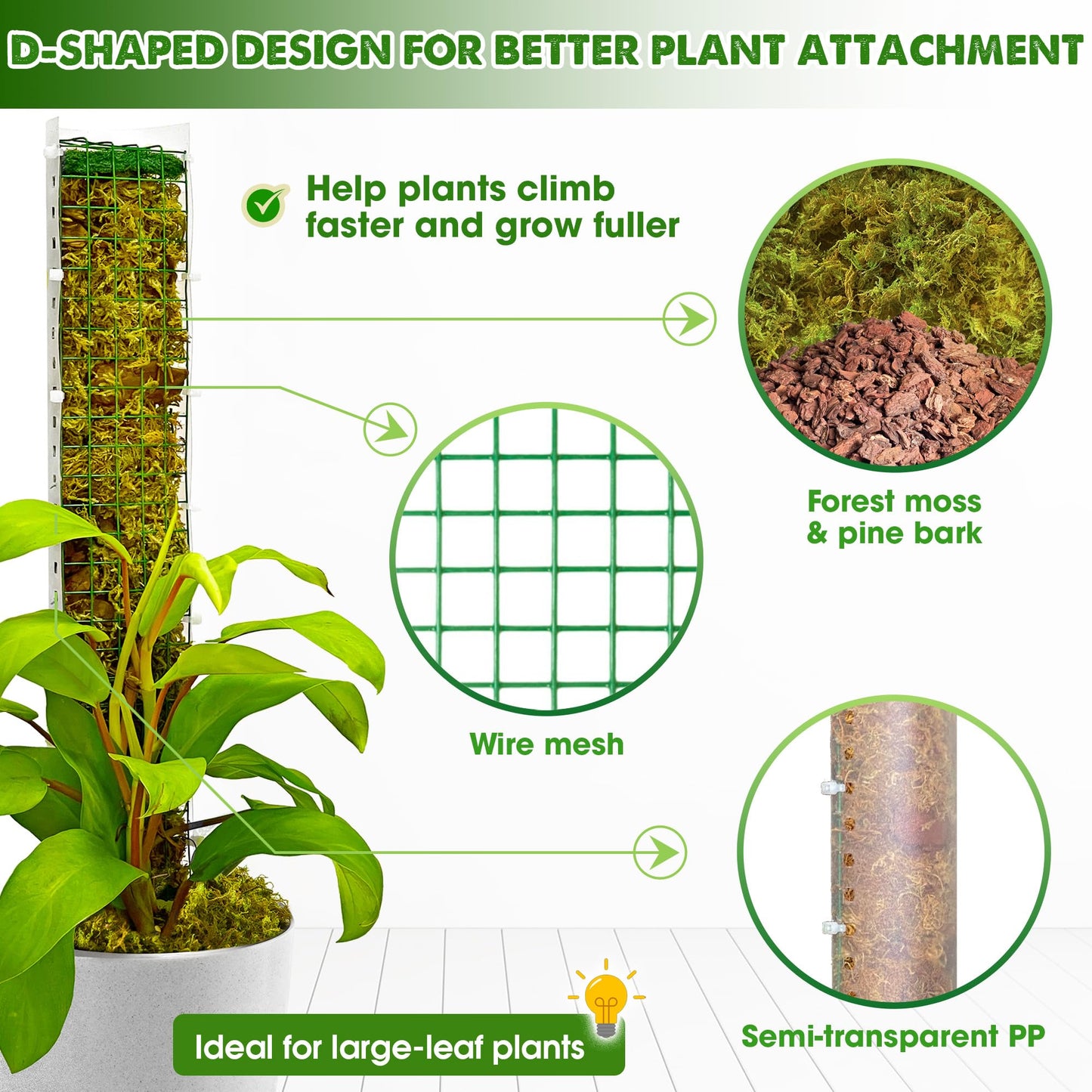 DUSPRO D-Shaped Plastic Moss Poles for Climbing Plants Monstera Stackable Moss Pole for Plants Moss Plant Pole Handmade Moss Stick for Indoor Plants Grow Upward 2 Pack 16.5 inches