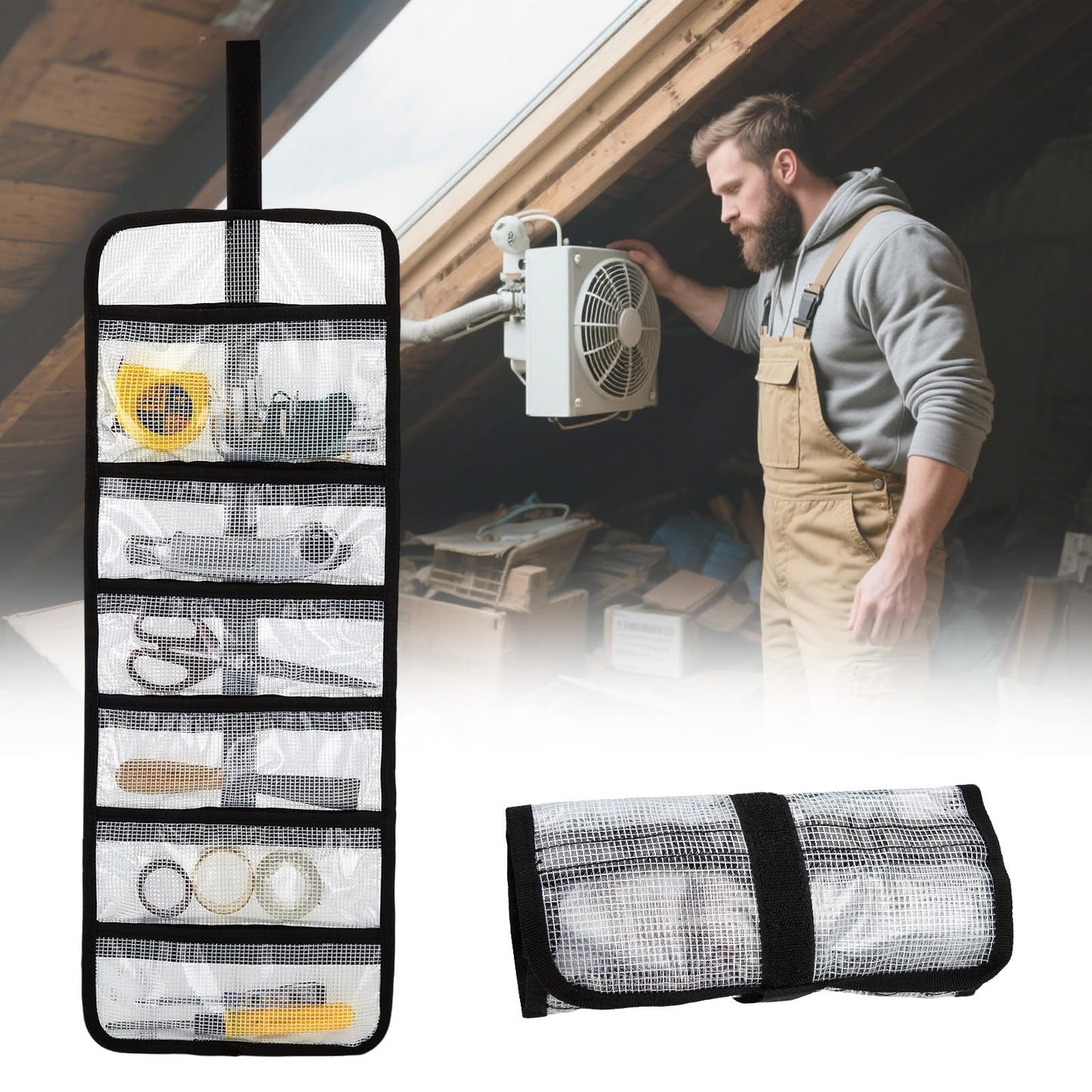 Small Roll Up Storage Bag, 6 Pockets Roll Up Tool Kit, Suitable for Mechanics, Kitchen Storage, Art Sketching, Travelling, Potter's Tools, Office Objects, Transparent and Visible, Space-Saving 4 Pack