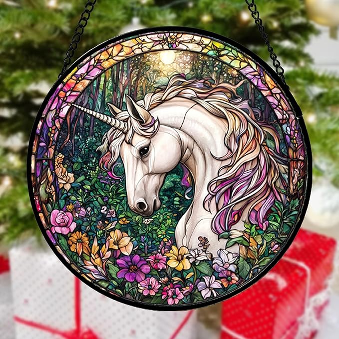 Stained Glass Window Hanging, Unicorn Flowers Suncatcher for Doors Home Sun Catchers Decoration and Christmas, Mother's Day Birthday Gifts for Women, Men, and Mom 14.9x14.9 in
