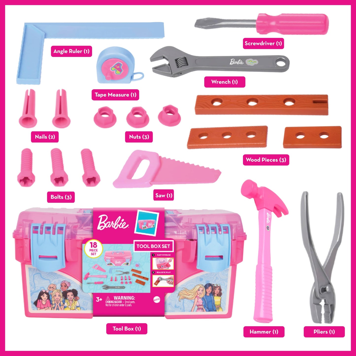 Barbie Tool Box Playset – 18 Piece Deluxe Tool Set, Pretend Play Construction Tools with Tape Measure, Girls Pink Tool Box with Handle, Perfect Preschool Role Play Toy for Kids