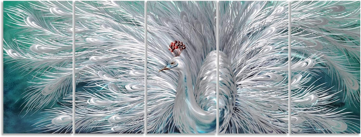 Yihui Arts Peacock Metal Wall Art, Teal and Silver Aluminum Artwork, Modern Sculpture for Living Room Bedroom Bathroom Decor