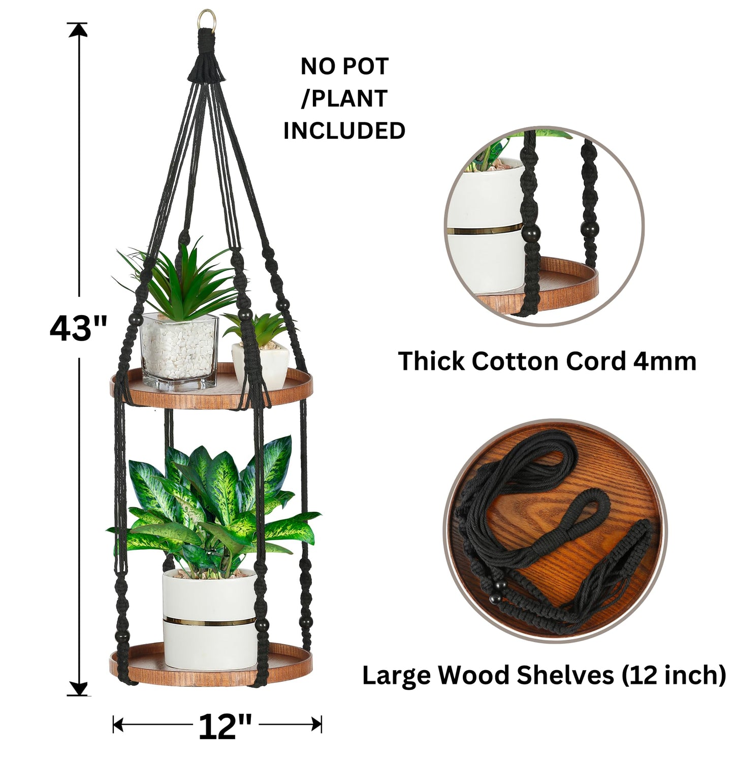Shineloha 2 Tier Macrame Plant Hanger | Plant Hanger Indoor, Hanging Planter | Hanging Planter Shelf (Large, 12" Shelf)
