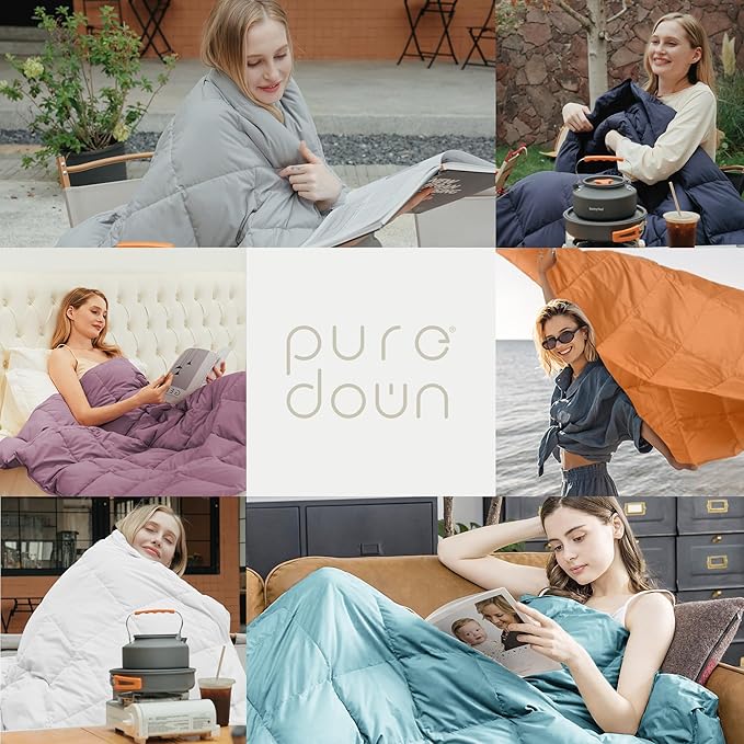 puredown® Soft Feather Down Throw Blanket Lightweight Packable Couch Throw for Indoor and Outdoor Use, 50"X70", Ivory
