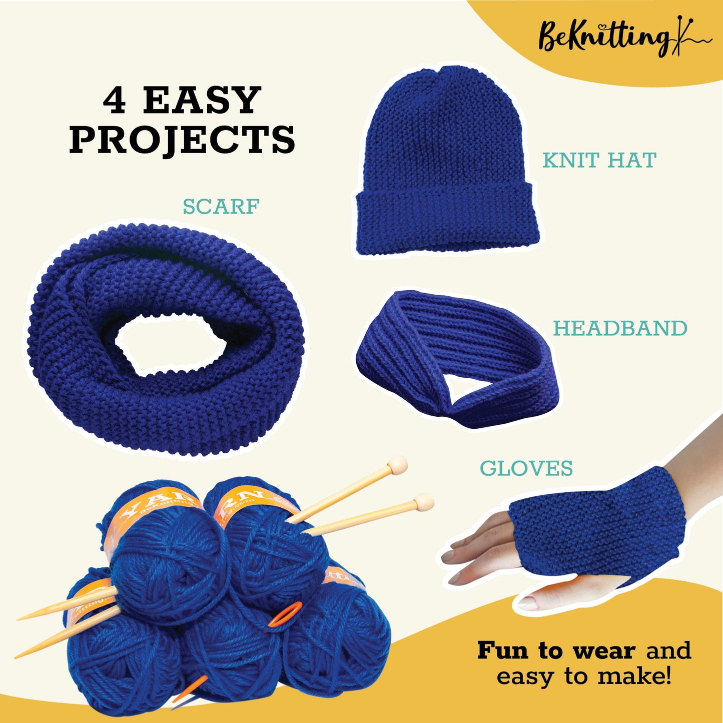 BeKnitting Knitting Kit for Beginners Adults & Kids - Learn to Knit - Yarn, Pompom Makers, Needles & Other Supplies | Holiday Gifts, Gift-Ready Box