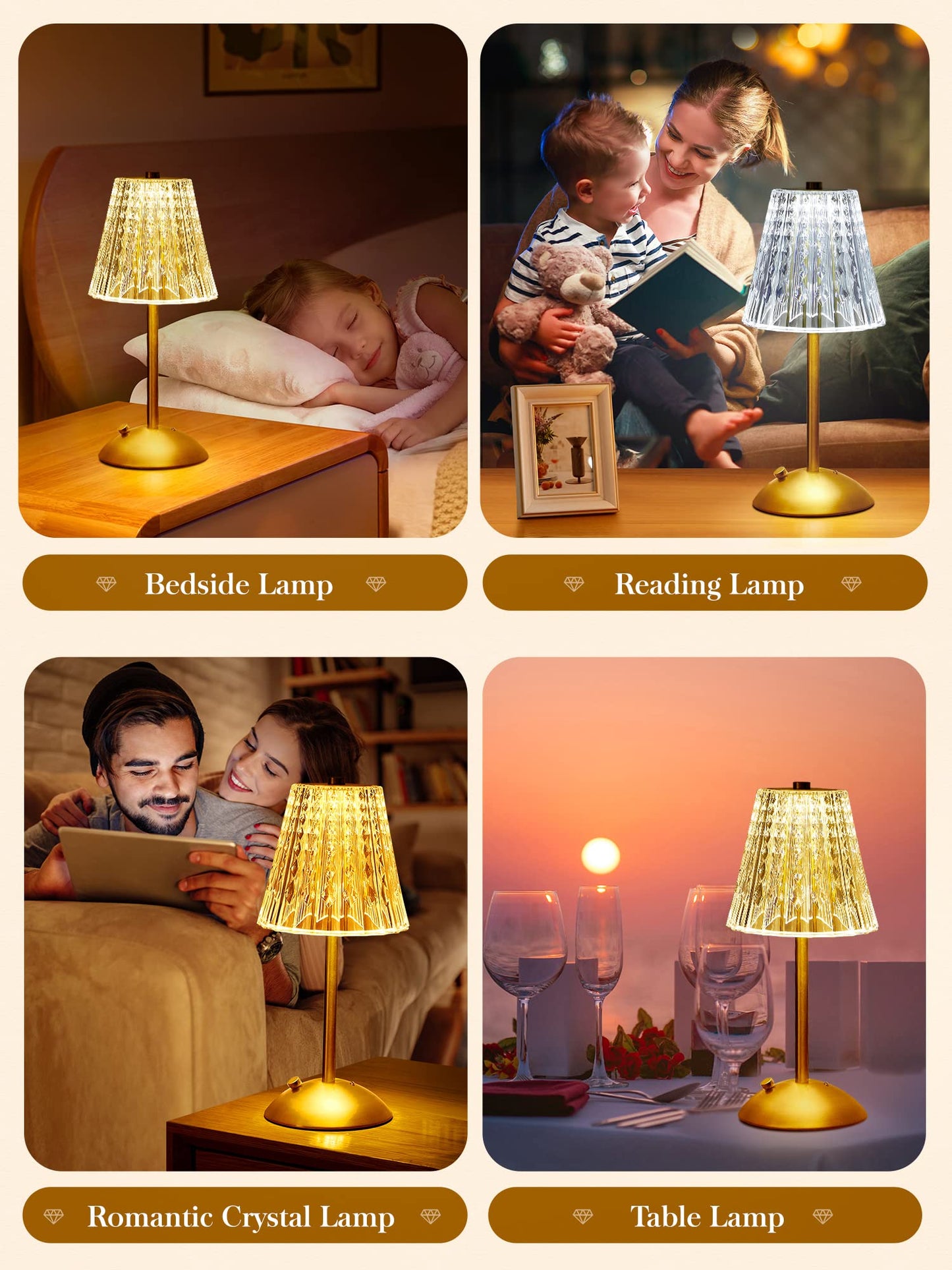 Upgraded Nightstand Lamps Set of 2, 3 Colors Dimmable Crystal Table Lamp Gold Lamp, Touch Lamp Bedroom Lamps, Rechargeable Small Lamp, Bedside Lamps Set of 2 for Bedroom Living Room Bathroom Hotel Bar