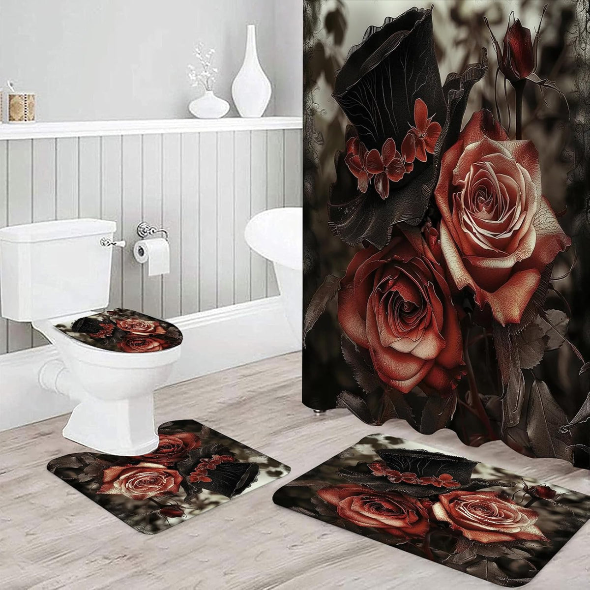 NEWSUYAA Halloween Decorations Shower Curtain Set with Non-Slip Rugs and Bath Mats,Black Skull Skeleton Bathtub Curtains with 12 Hooks,All Saints'Day (Nov 1st) Bathroom Decor