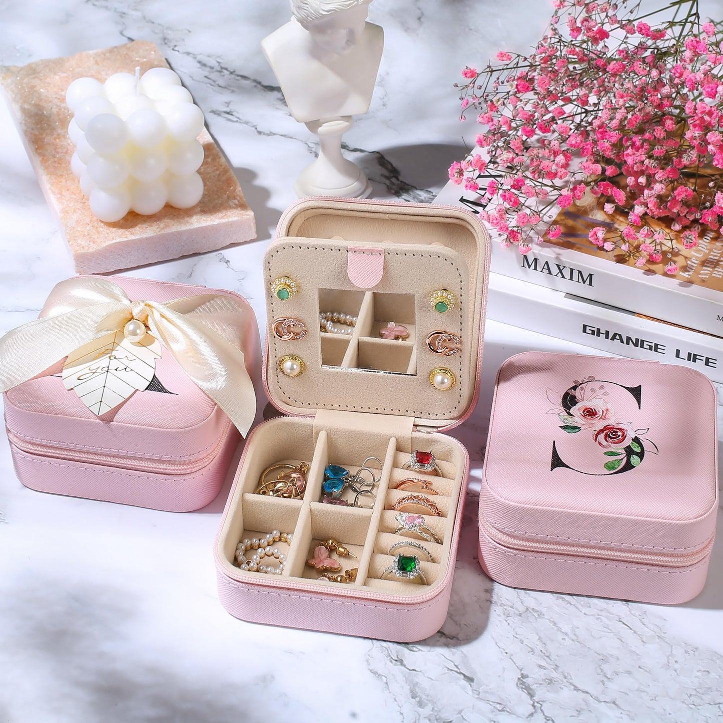 AYGXU Jewelry Box & Glass Set, Pink, Personalized Initial, Small Travel Case, Graduation Gift for Girls